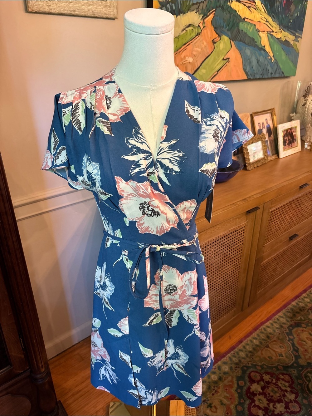 French Connection Blue Floral Wrap Mini Dress with Pink Accents